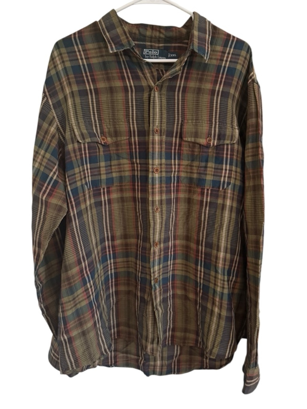 Polo Ralph Lauren Plaid Button Up XXL Green Blue Long Sleeve Cotton Flannel - Picture 1 of 5